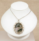 Impressive Vintage Sterling Silver & Moss Agate Pendant with Silver Chain