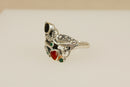 Silver Art Nouveau Style Carnelian, Onyx & Chalcedony Ring