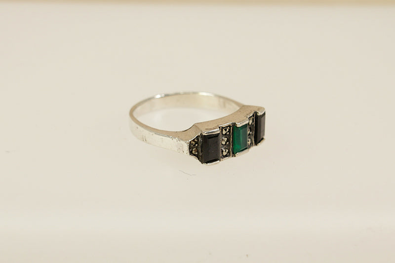 Silver Onyx & Chalcedony Art Deco Style Ring
