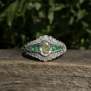 Art Deco Style Yellow Diamond Emerald & White Diamond Ring