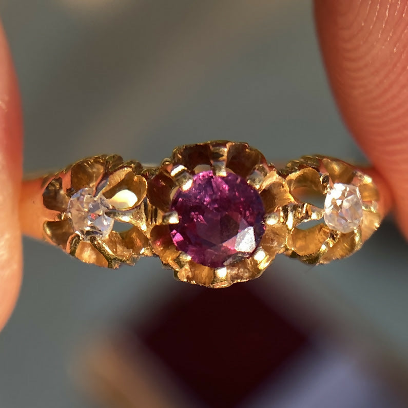 Antique 18ct Ruby Old Cut Diamond Three Stone Ring
