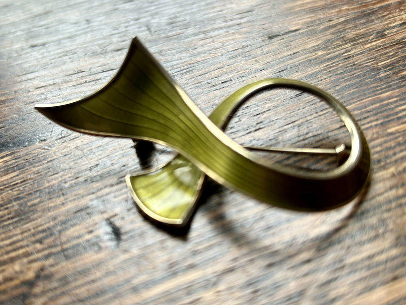 Modern Mid Century Norwegian Ivar T Holmsen Sterling Silver Leaf Green Enamel Brooch