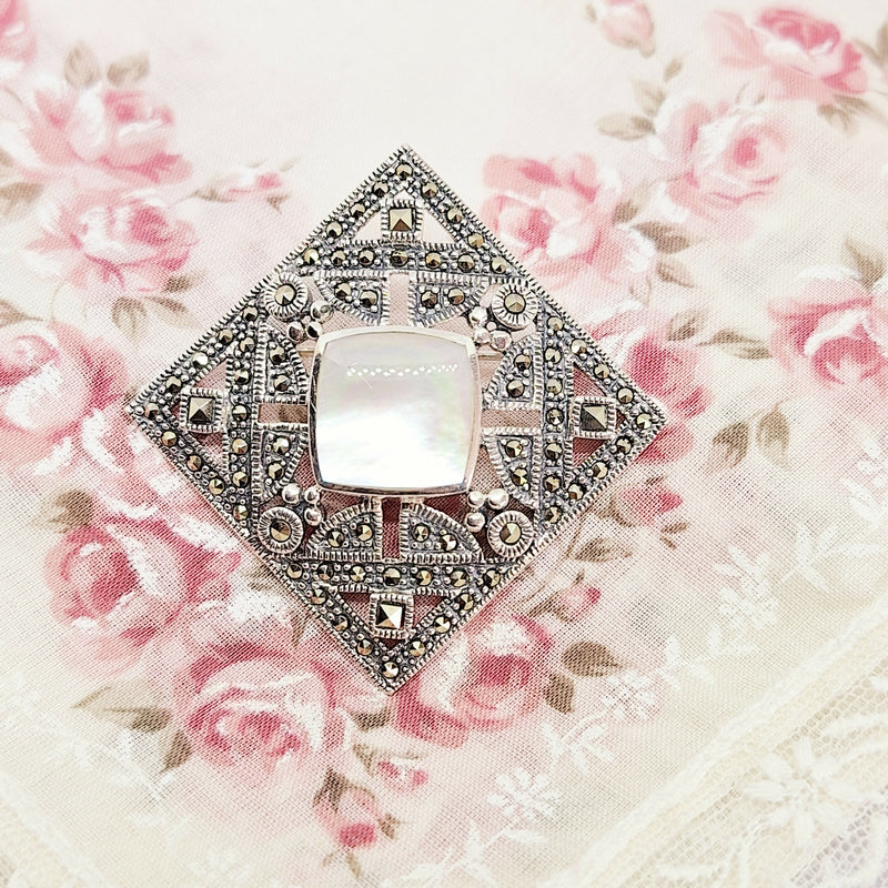 Exquisite Art Deco Style Silver & Marcasite M.O.P. Brooch.