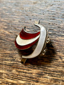 Modern Mid Century Norwegian Sterling Silver Aksel Holmsen Crimson Red Enamel Viking Ship Brooch