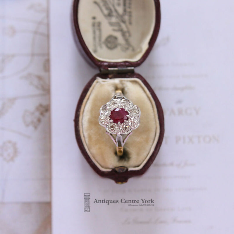 Edwardian 18ct Ruby & Diamond Oval Cluster Ring