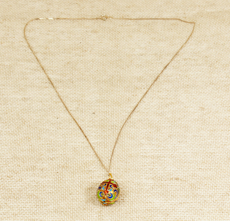 Silver Gilt Cloisonne Russian Style Egg Pendant & Silver Gilt Chain