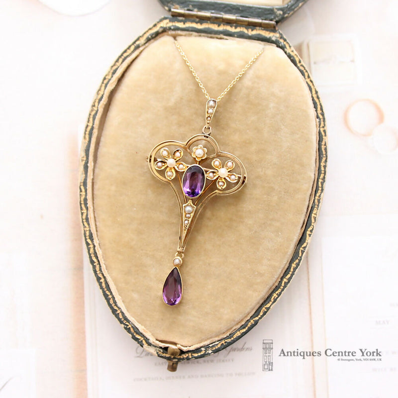 Edwardian 15ct Amethyst & Pearl Pendant/Brooch