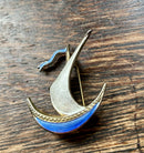 Modern Mid Century Sterling Silver Gilt David Anderson Cobalt Blue Enamel Viking Boat Brooch