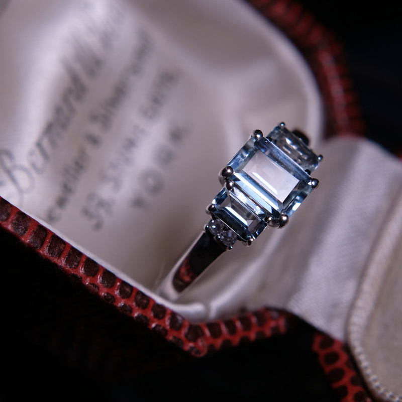 9ct White Gold Aquamarine Trilogy Ring With Diamonds Size P