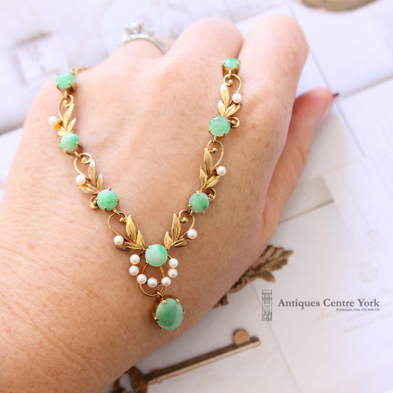 1960's 9ct Jade & Cultured Pearl Necklace by Cropp & Farr
