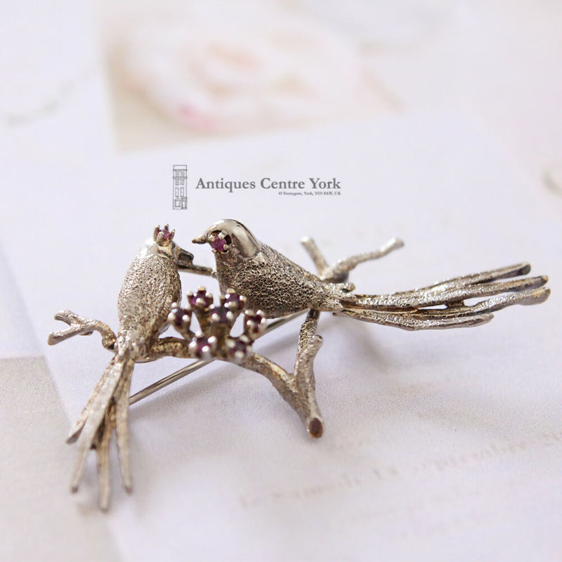 Vintage Les Bernard Sterling Silver & Ruby Bird Brooch