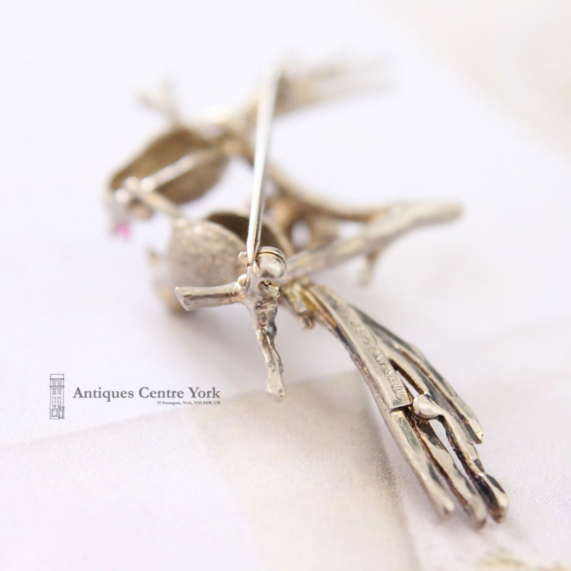 Vintage Les Bernard Sterling Silver & Ruby Bird Brooch
