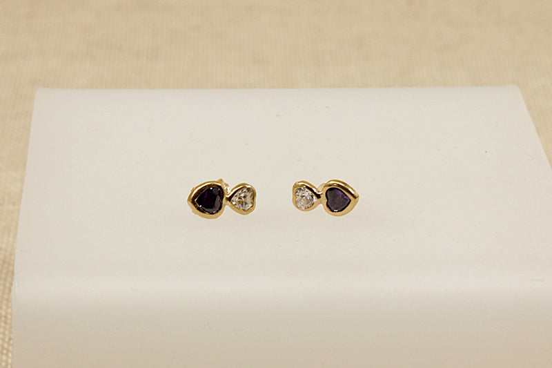 Vintage 9ct Gold & Amethyst Colour Heart Ear Stud Earrings