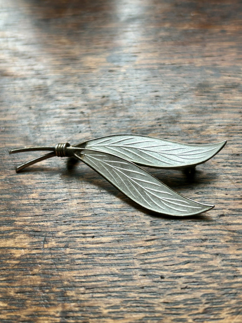 Modern Mid Century Norwegian Ivar T Holmsen Sterling Silver White Enamel Leaf Brooch