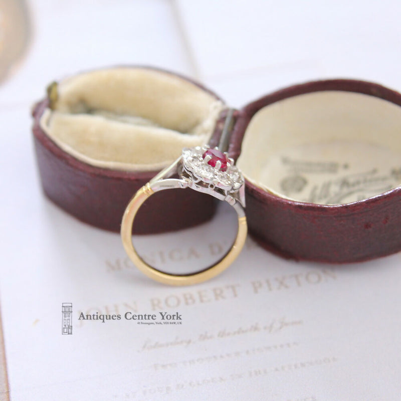 Edwardian 18ct Ruby & Diamond Oval Cluster Ring