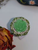Copy of New Green Jade, Peridot and Natural Cambodian White Zircon Carved Jade Ring (Size P) in Rhodium Overlay Sterling Silver