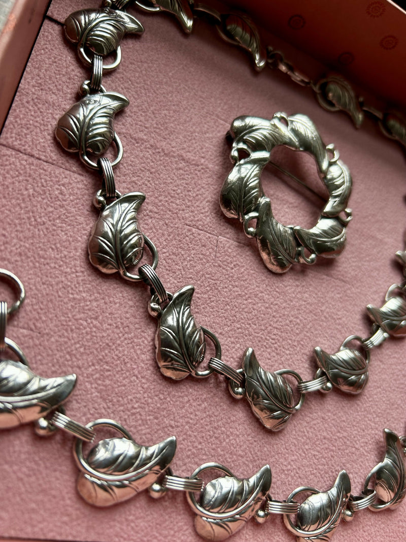 Scandinavian Modern Mid Century Sterling Silver Danecraft Leaf Necklace Bracelet & Brooch Set