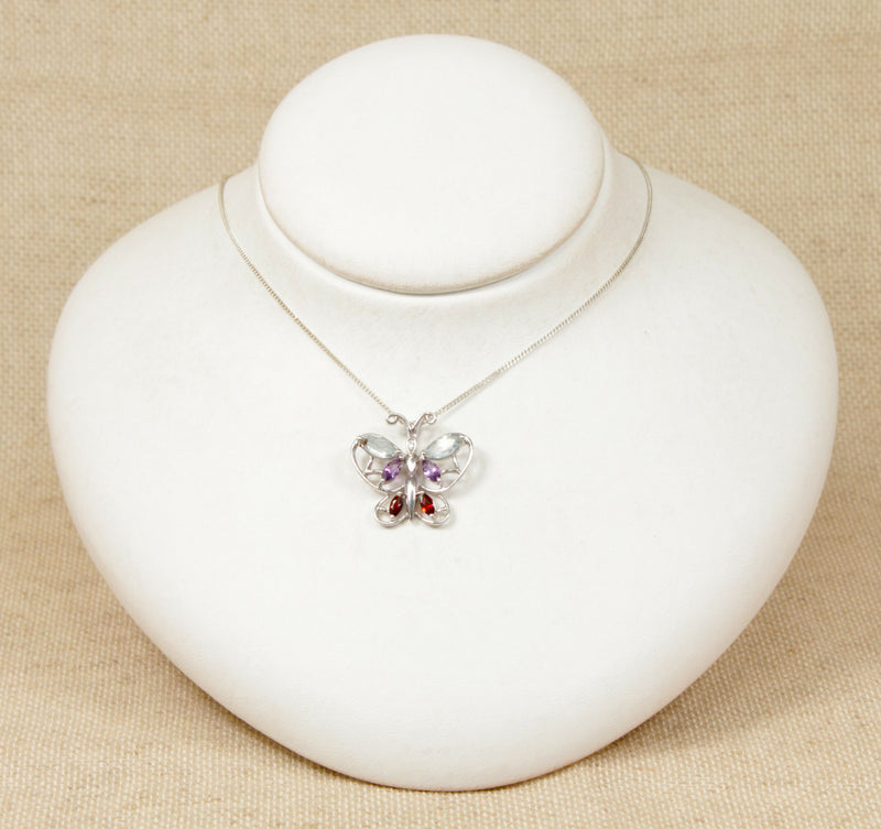 Silver & Multi Gem Butterfly Pendant & Chain