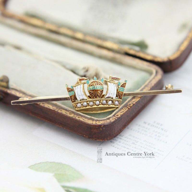 Victorian 15ct Enamel & Seed Pearl Naval Crown Brooch