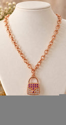 925 Sterling Silver Rose Gold-Tone Pink Sapphire & Cubic Zirconia Handbag Pendant Necklace – 18 Inches – 30g