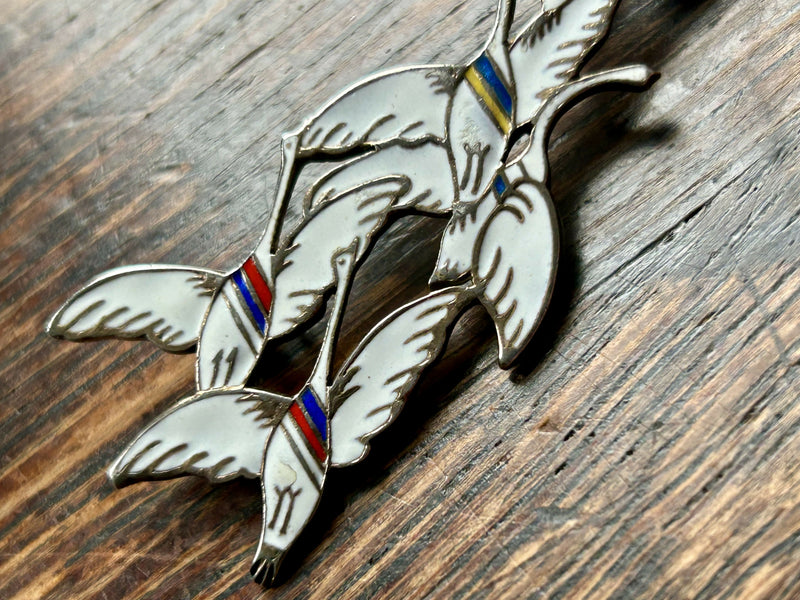 Modern Mid Century Scandinavian Erik Magnussen Sterling Silver Hand Painted Enamel Flying Geese Brooch
