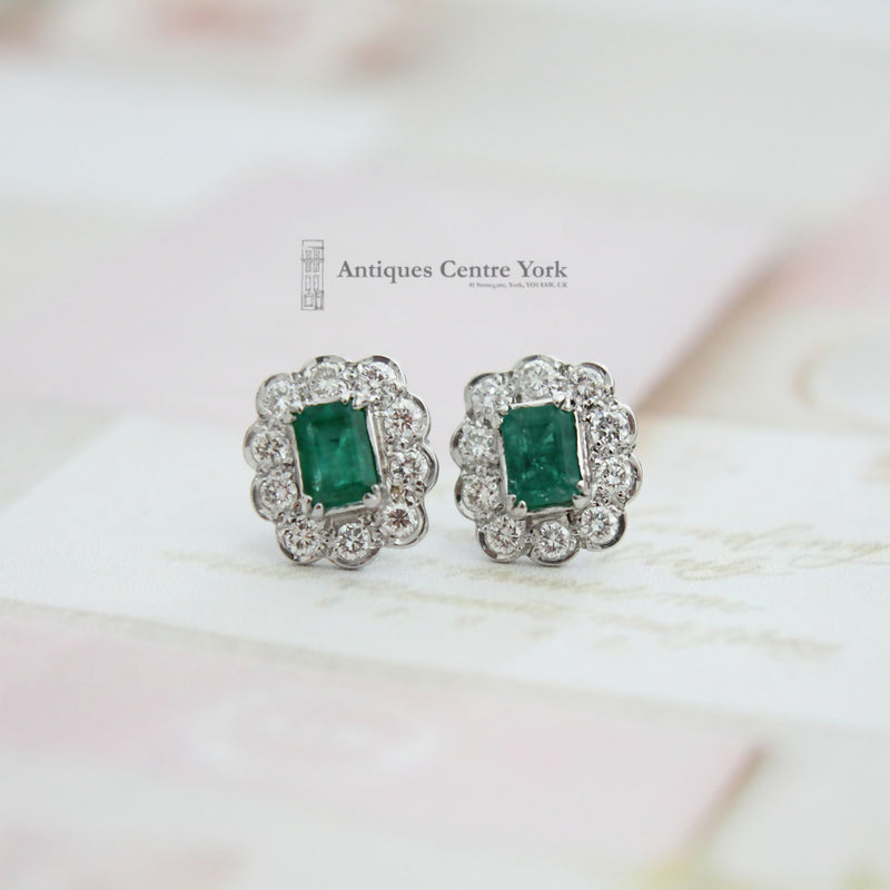 9ct White Gold Emerald & Diamond Cluster Earrings 0.80ct