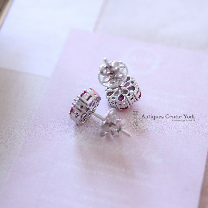 18ct White Gold Ruby & Diamond Cluster Earrings by Luke Stockley London
