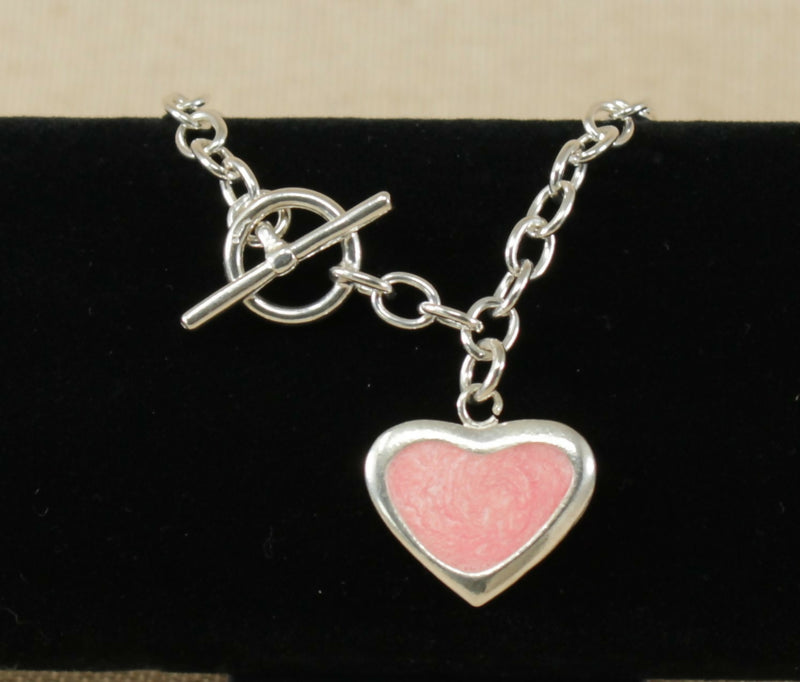 Silver Bracelet with T Bar and Pink Heart Charm