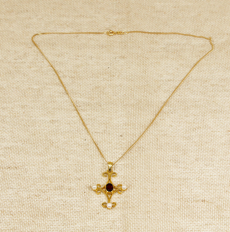 Silver Gilt Lavaliere Victorian Style Garnet and Faux Pearl Pendant & Chain