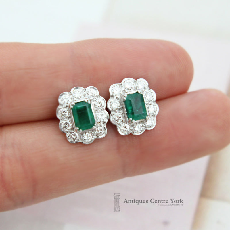 9ct White Gold Emerald & Diamond Cluster Earrings 0.80ct