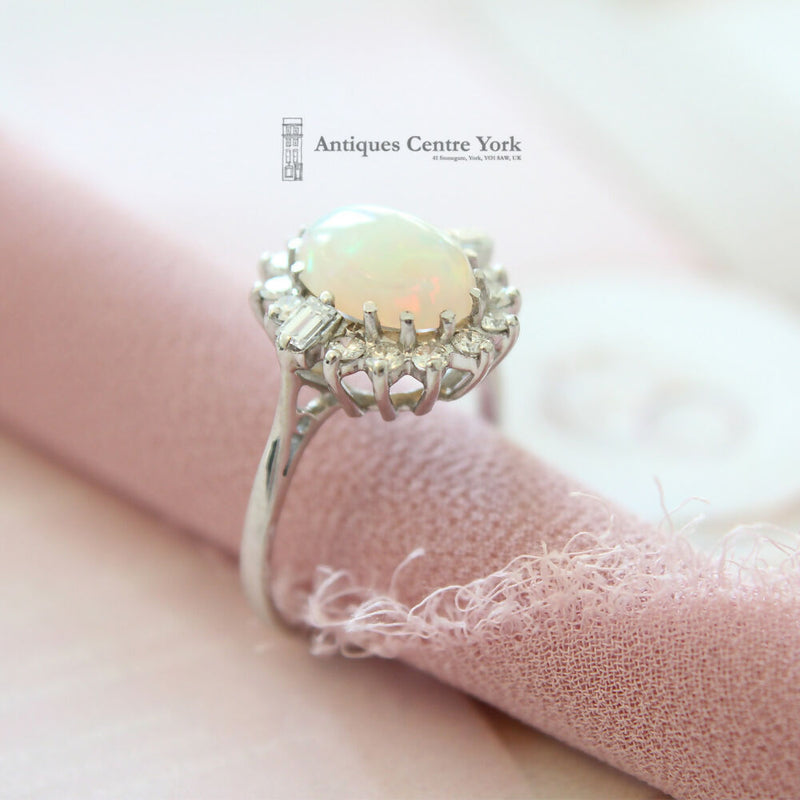 18ct White Gold Opal & Diamond Oval Cluster Ring