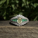Art Deco Style Yellow Diamond Emerald & White Diamond Ring