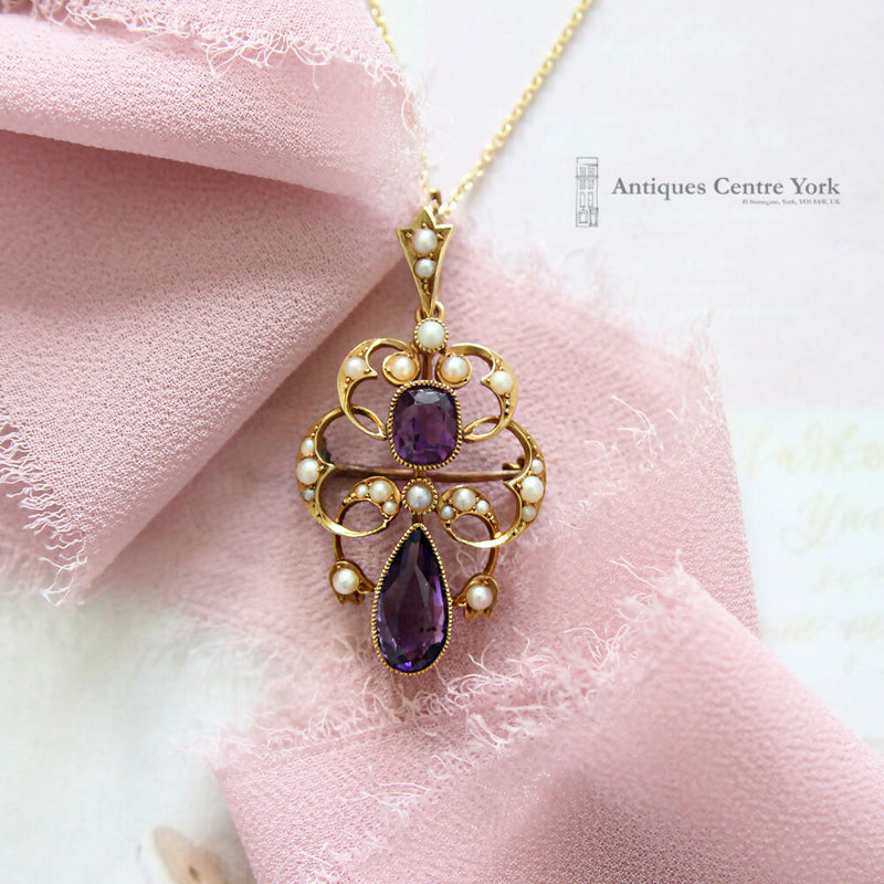 Victorian Art Nouveau 15ct Amethyst & Pearl Pendant/Brooch