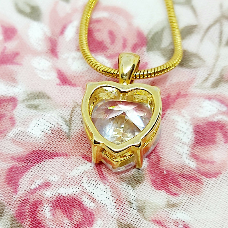 Gold Tone Faux Diamond Heart Pendant & Chain