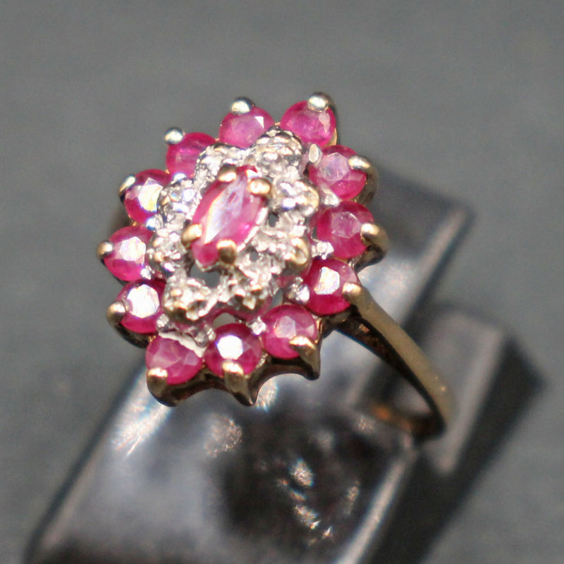 9ct gold ruby-diamond three tier cluster ring