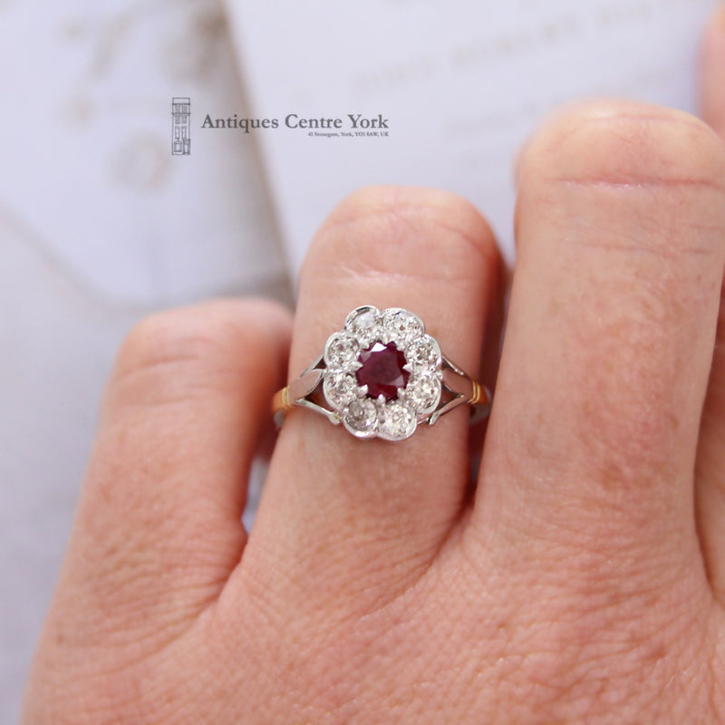Edwardian 18ct Ruby & Diamond Oval Cluster Ring