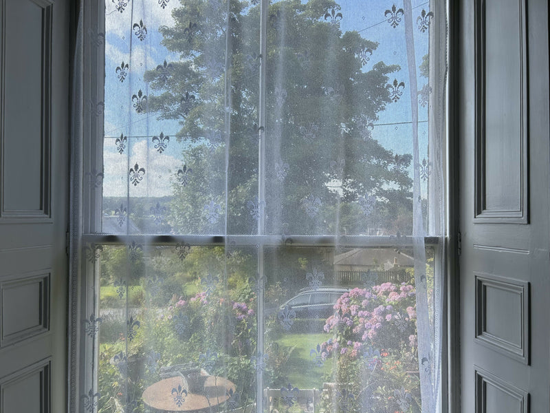 Fleur de Lys - c1910 antique white Cotton Lace Curtain Panelling By The Metre - Width 150 cms