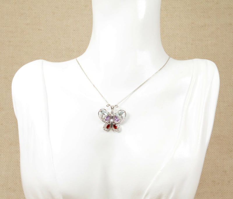 Silver & Multi Gem Butterfly Pendant & Chain