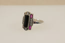 Silver Art Deco Style Onyx, Marcasite & Red Stone Ring