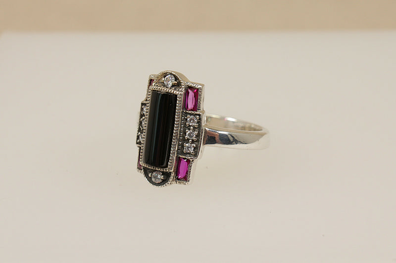Silver Art Deco Style Onyx, Marcasite & Red Stone Ring