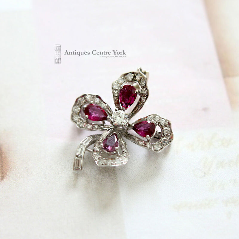 1950's 18ct White Gold Fine Ruby & Diamond Four Leaf Clover Pendant/Brooch