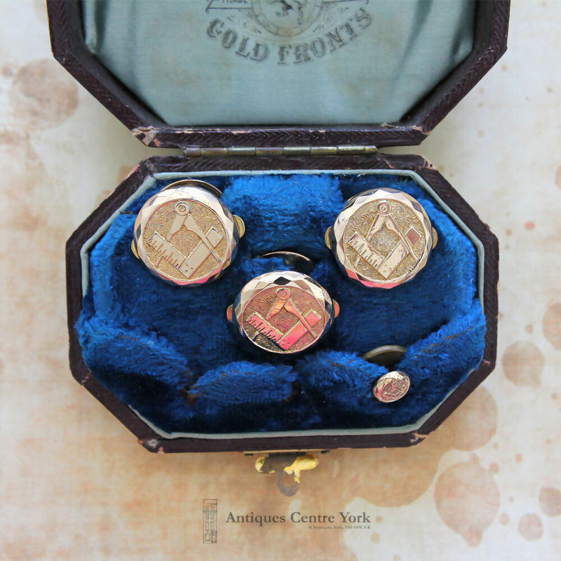 Victorian Gold Fronted Masonic Waistcoat Buttons in Case