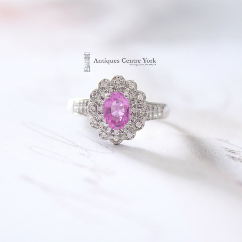18ct White Gold Pink Sapphire & Diamond Cluster Ring