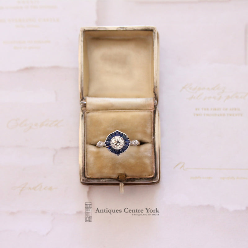 Art Deco Style 18ct White Gold Sapphire & Diamond Ring 0.66ct