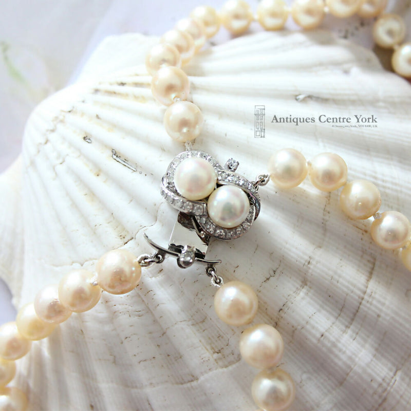 Opera Length Cultured Pearl 2 Row Necklace with 14ct White Gold Pearl & Diamond Clasp