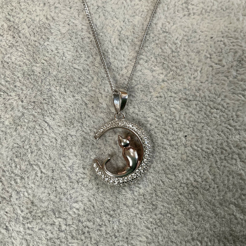 Silver and CZ cat & moon pendant