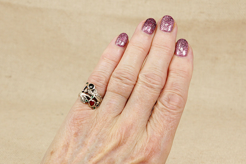 Silver Art Nouveau Style Carnelian, Onyx & Chalcedony Ring