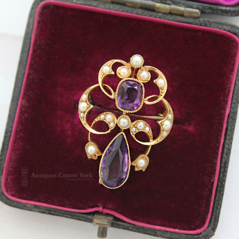 Victorian Art Nouveau 15ct Amethyst & Pearl Pendant/Brooch