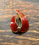 Modern Mid Century Sterling Silver Gilt Albert Scharning Ox Blood Red Enamel Double Leaf Brooch