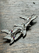 Modern Mid Century Scandinavian Erik Magnussen Sterling Silver Hand Painted Enamel Flying Geese Brooch